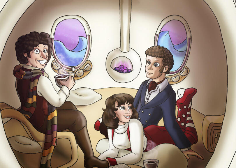 The Fourth Doctor, Harry Sullivan, and Sarah Jane Smith in a futuristic ski lodge on an unknown planet.