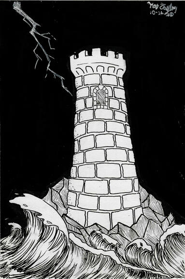A tarot-card style ink illustration of a tower being struck by lightning.