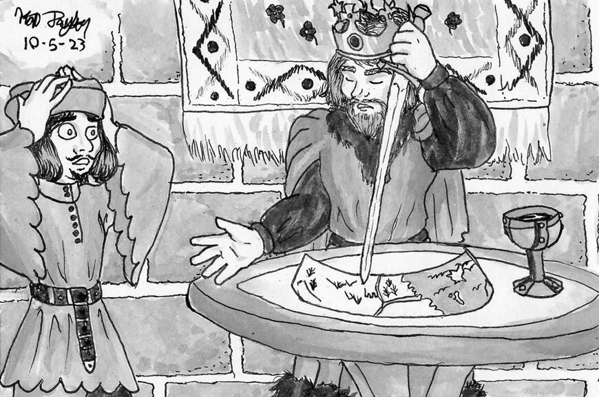 Inkwash illustration of a medeval king ruining a map, as a cartographer watches in horror.