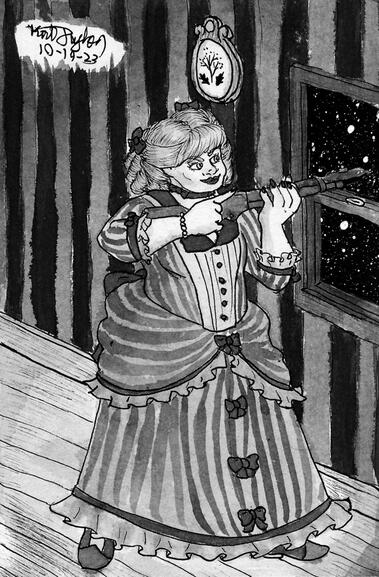 An inkwash illustration of a Victorian girl with a rifle.